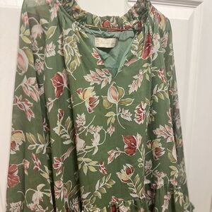 Altar'd State Dress Womens L Green Floral Tiered Peasant Sleeve Mini Boho Puff